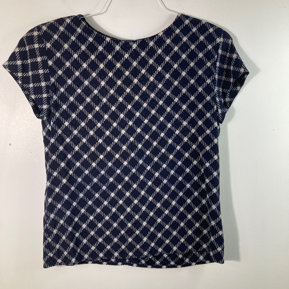 Vintage ANNE KLEIN II Women's‎ Silk Blouse Blue White Pattern Short Sleeve L